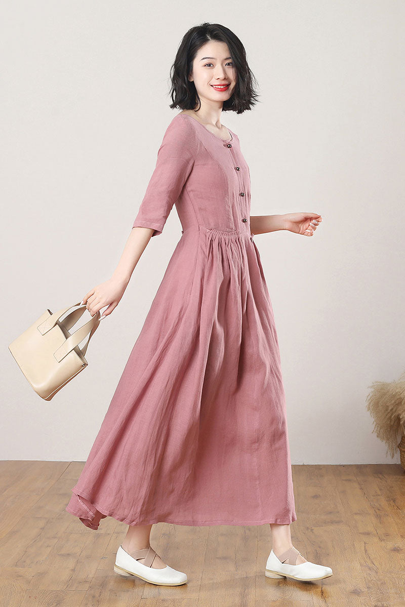Women's Summer Pink Linen Dress C3274
