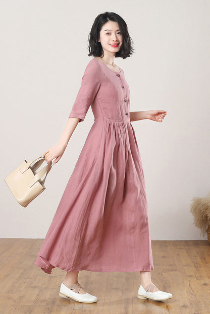 Women's Summer Pink Linen Dress C3274