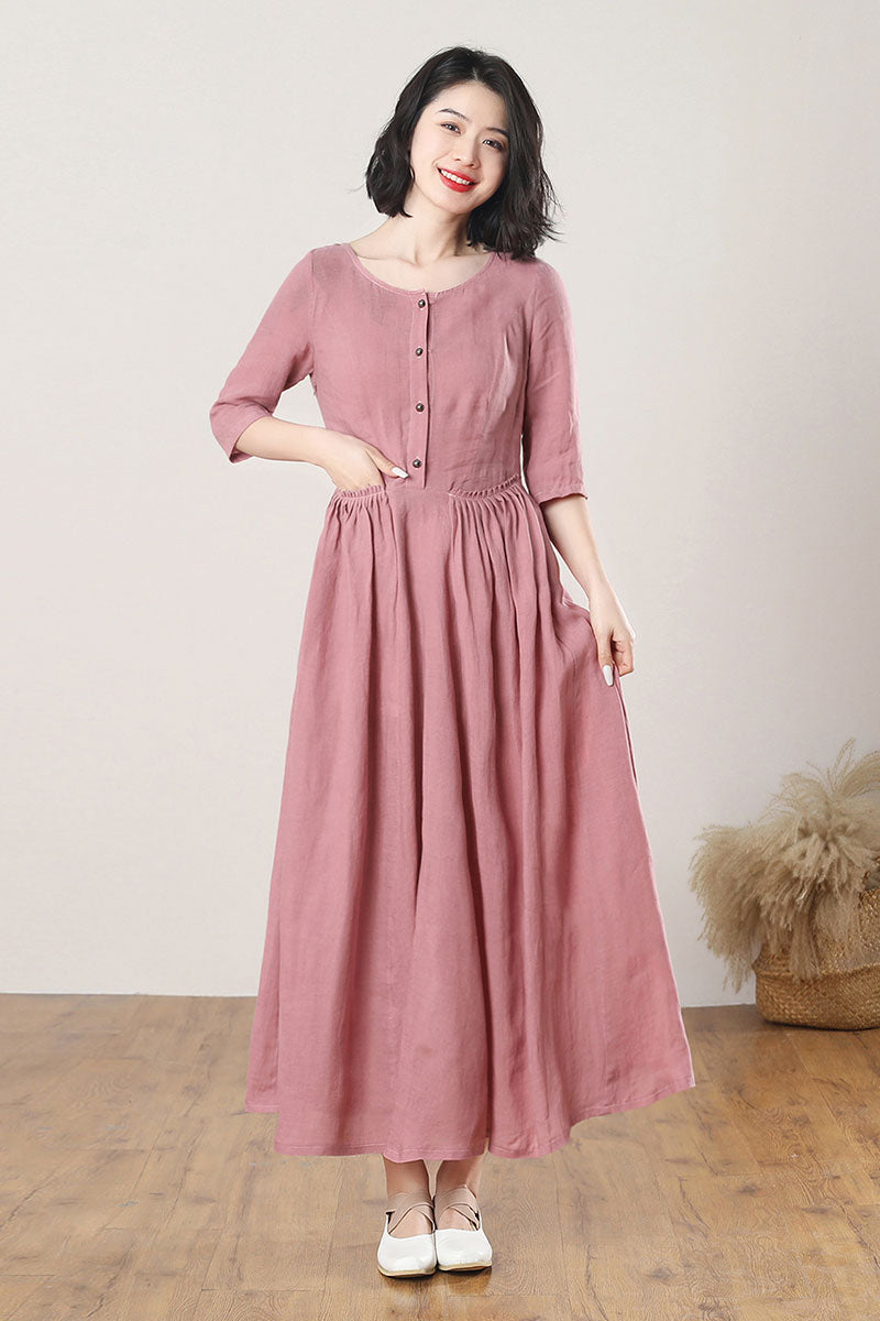 Women's Summer Pink Linen Dress C3274