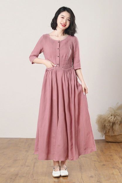 Women's Summer Pink Linen Dress C3274
