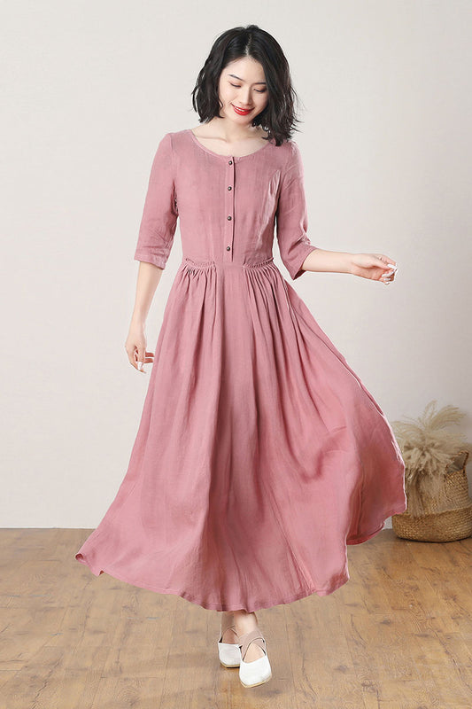 Women's Summer Pink Linen Dress C3274