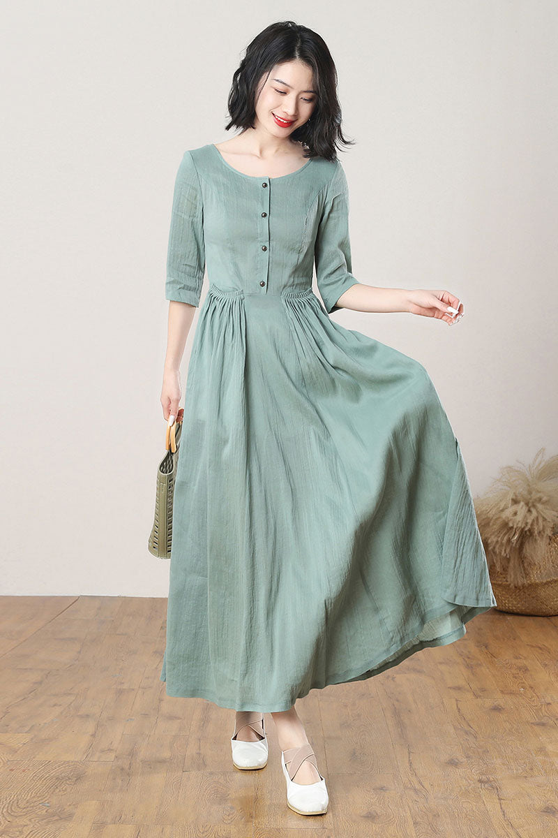 Green Long Swing Linen Dress C3275