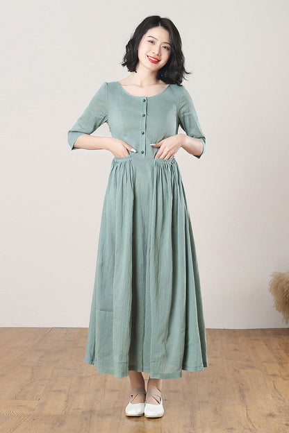Green Long Swing Linen Dress C3275