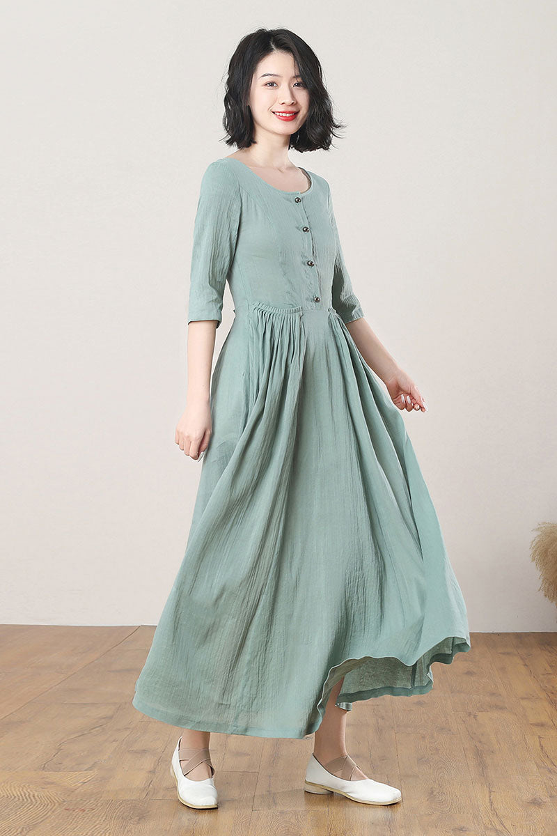 Green Long Swing Linen Dress C3275