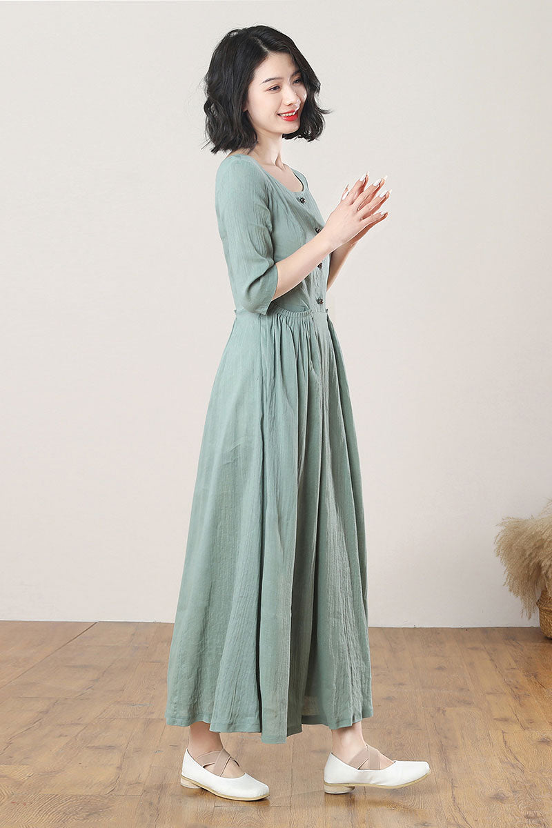 Green Long Swing Linen Dress C3275