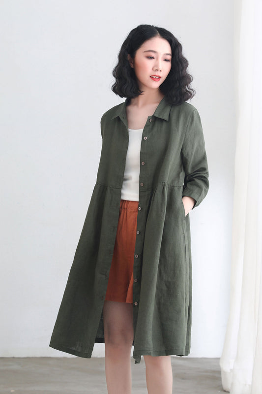 Army green Long Sleeve linen cardigan dress C2693, #CK2200367