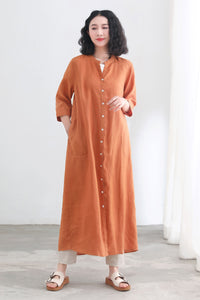 Orange V neckline 3/4 sleeve linen shirt dress C2697,Size M #CK2200431