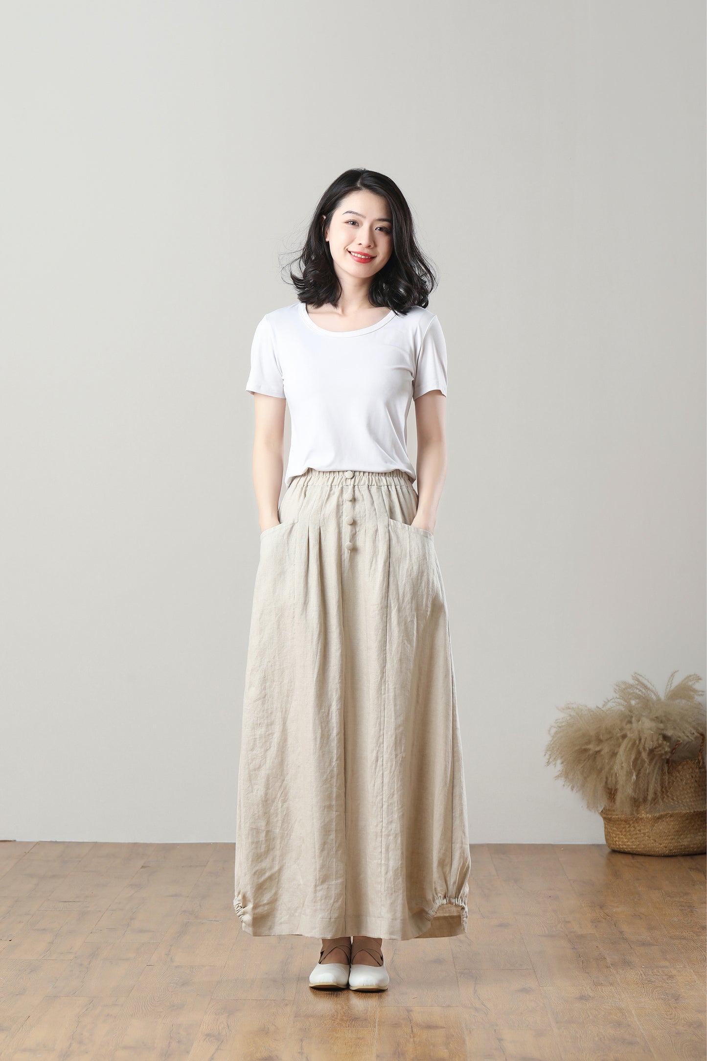 Long Elastic Waist Linen Skirt C5404