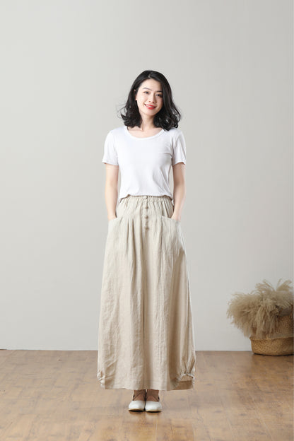 Long Elastic Waist Linen Skirt C5404