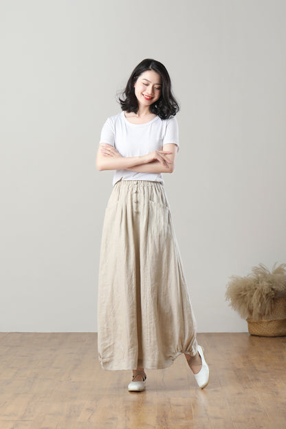 Long Elastic Waist Linen Skirt C5404