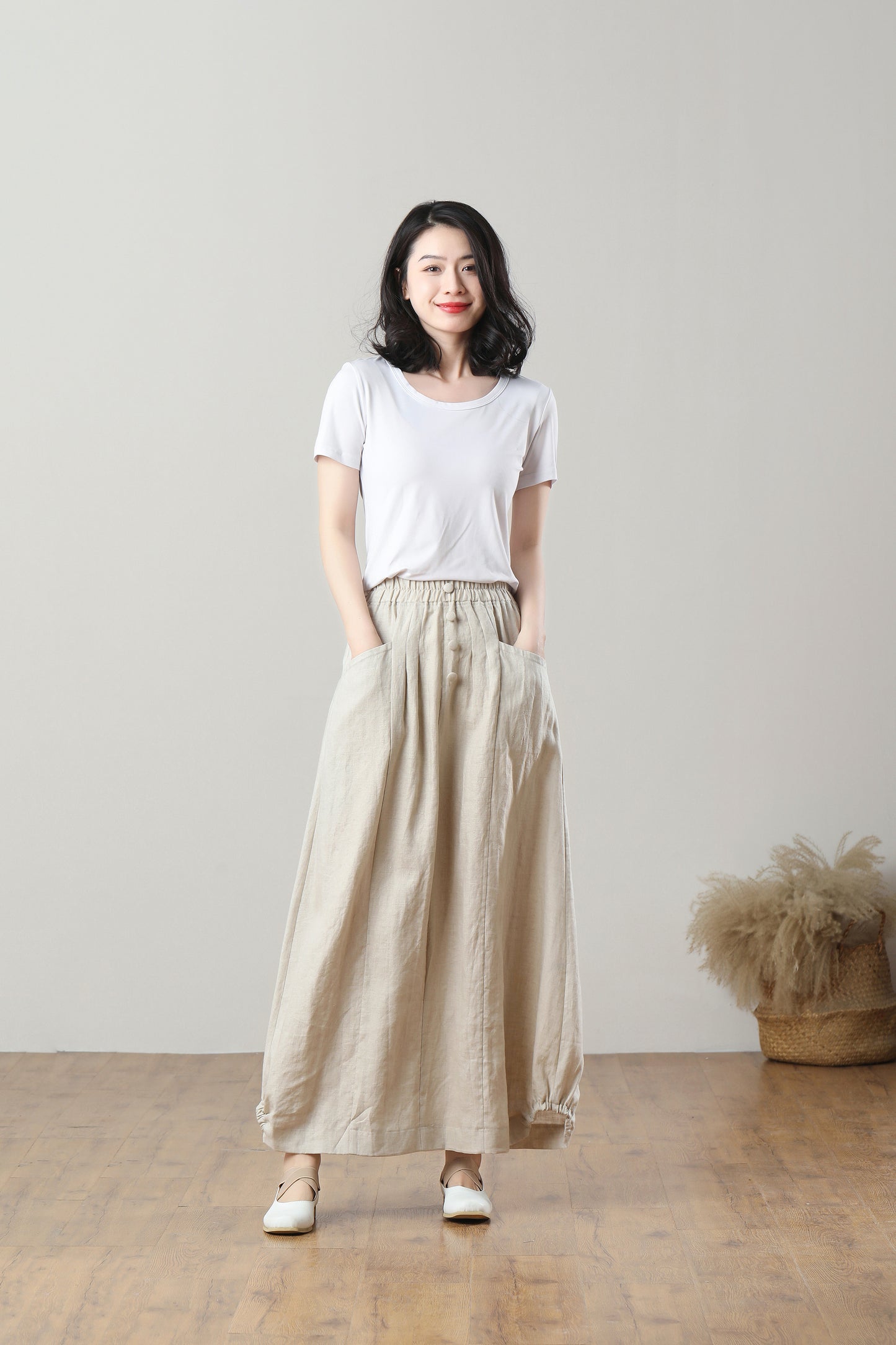 Long Elastic Waist Linen Skirt C5404