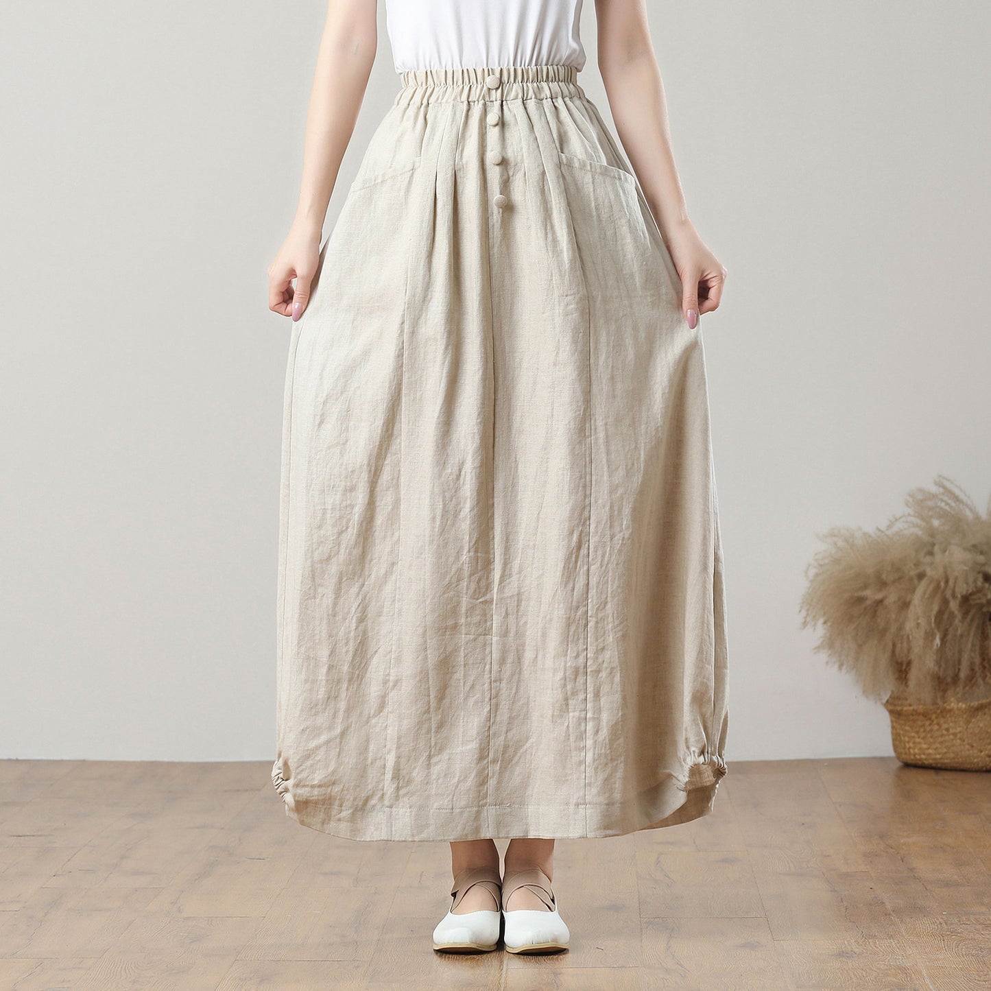 Long Elastic Waist Linen Skirt C5404