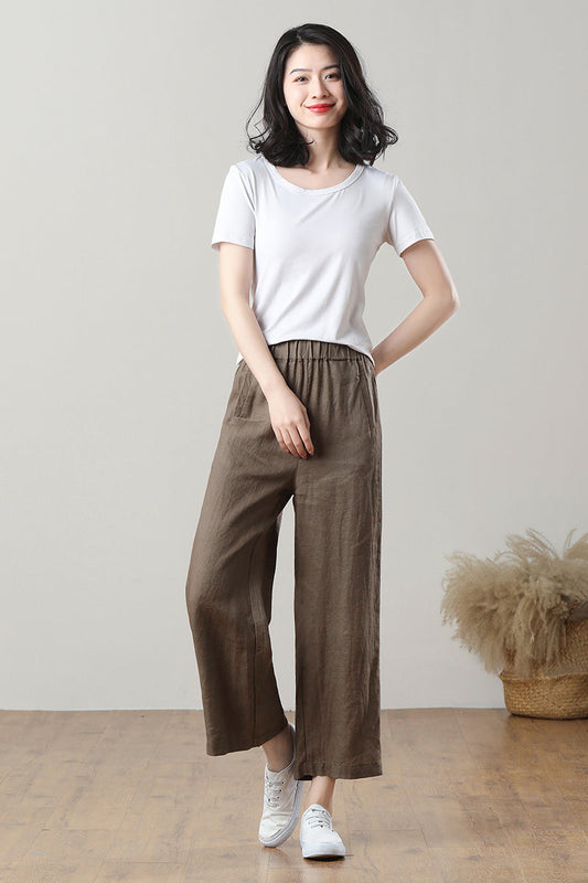 Coffee Wide Leg Linen Pants C3212-Size M #CK2300122