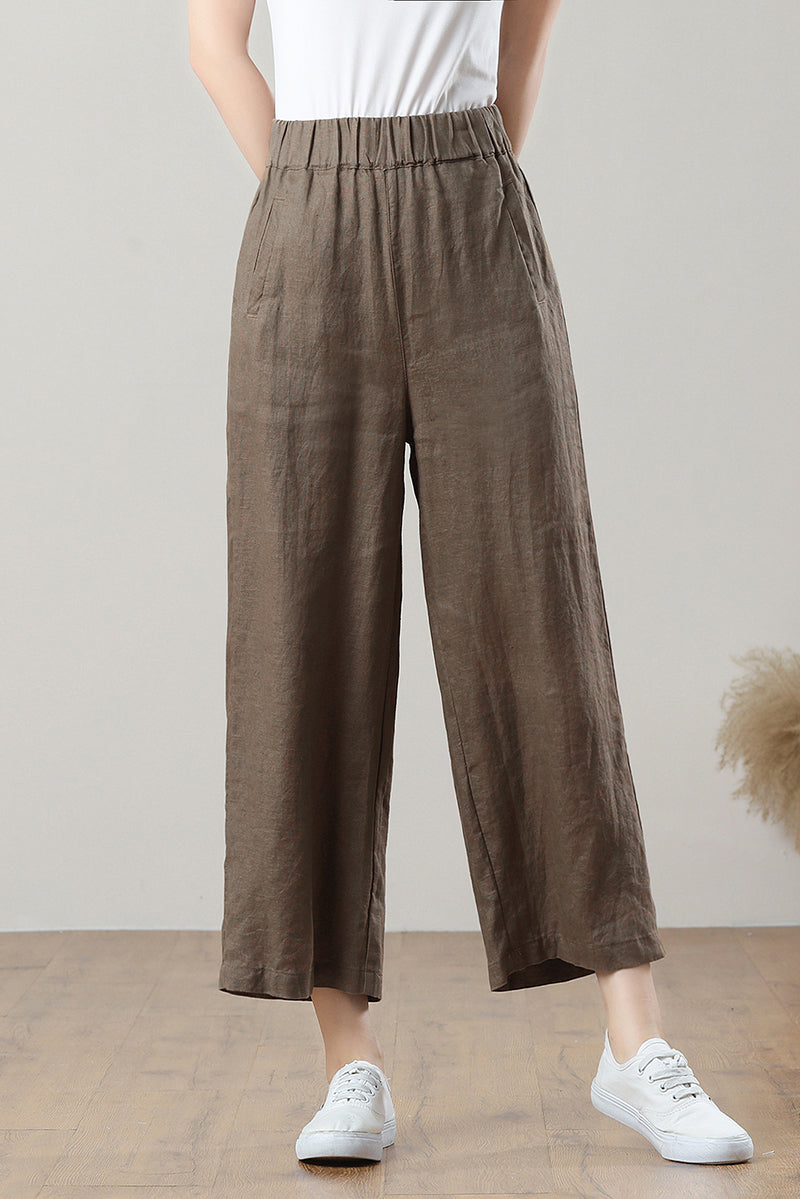 Coffee Wide Leg Linen Pants C3212-Size M #CK2300122