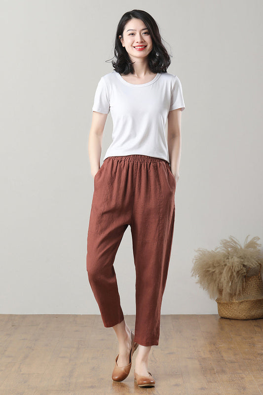 Brick Red Casual Linen Pants C3213，Size M #CK2300125