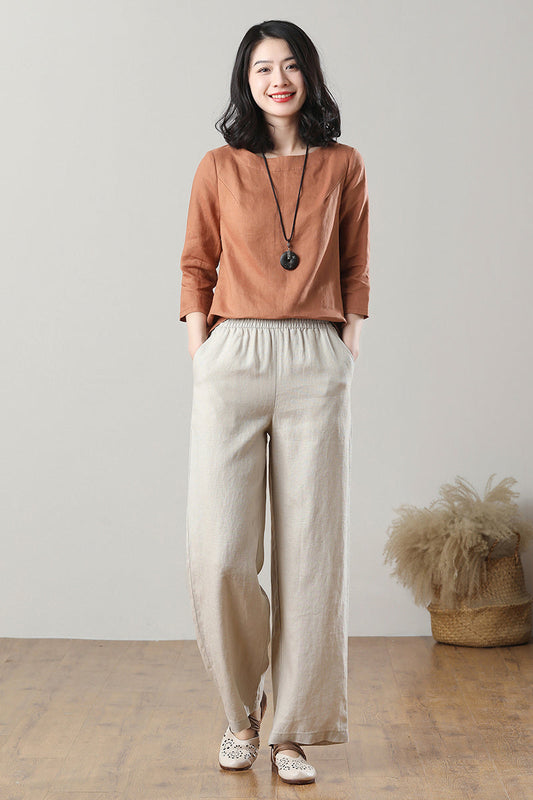 High Waist Wide Leg Linen Pants C3216,Size M #CK2300137