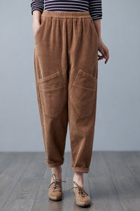 Caramel Elastic Waist Cropped Corduroy Pants C2504，Size M #CK2101055