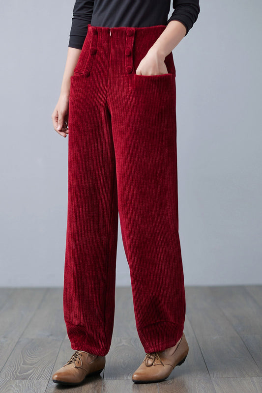 Red High Waisted Corduroy Pants, Wide Leg Pants C2501，SizeM #CK2101052