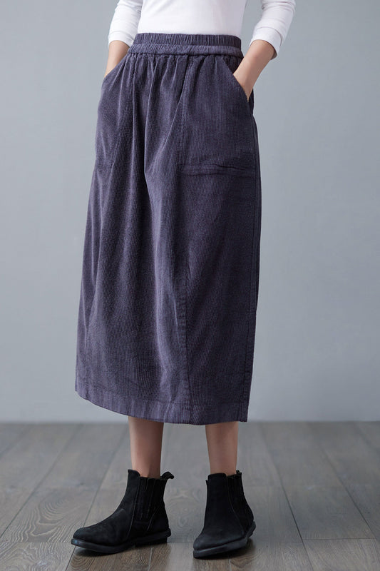 Women's Winter Elastic Waist Midi Corduroy Skirt C250001，Size XL #CK2101557