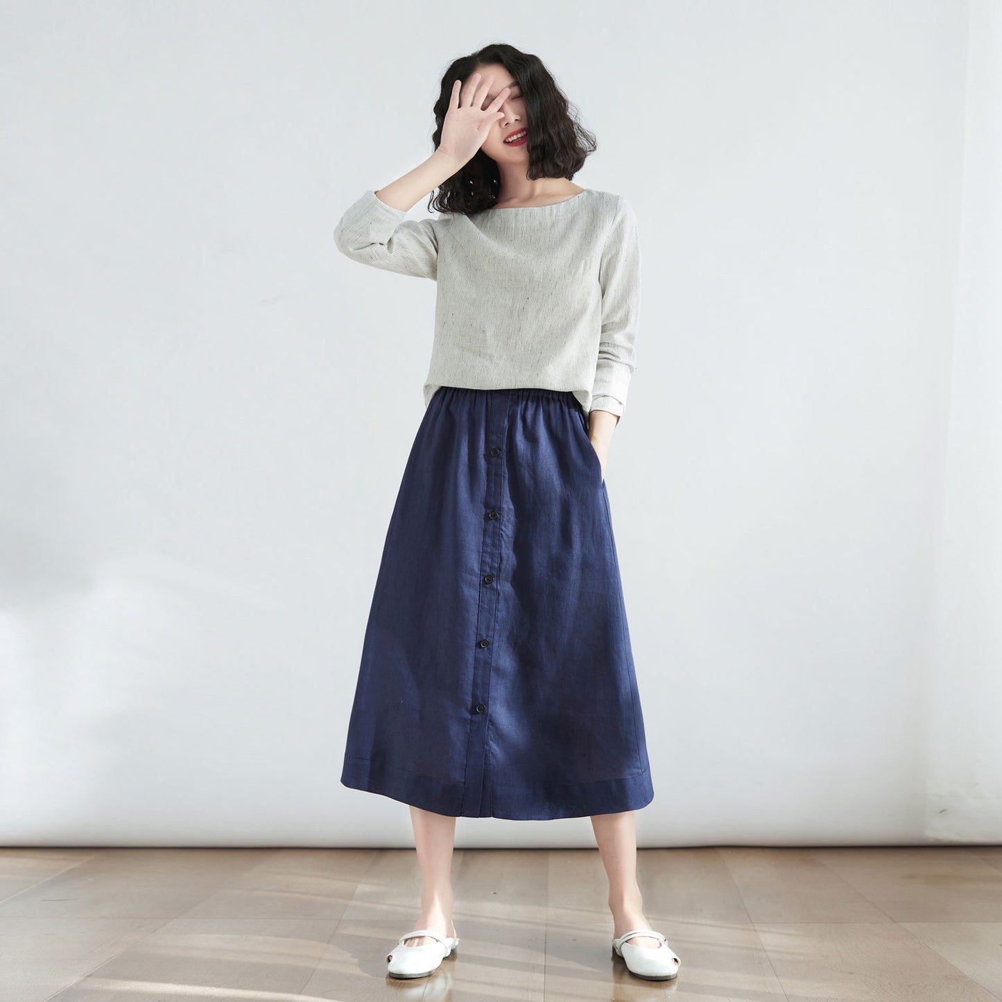 Button Down Linen Skirt for Women C2707