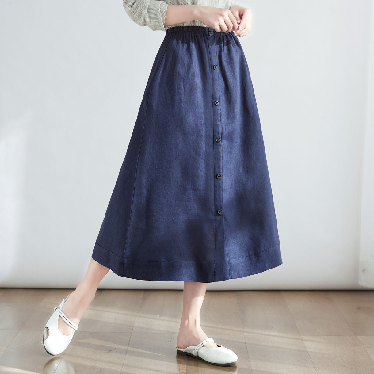 Button Down Linen Skirt for Women C2707