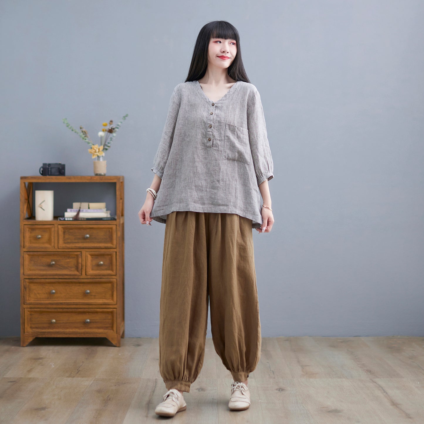 V-Neck Linen Blouse, Loose Fit Top C2265