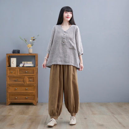 V-Neck Linen Blouse, Loose Fit Top C2265