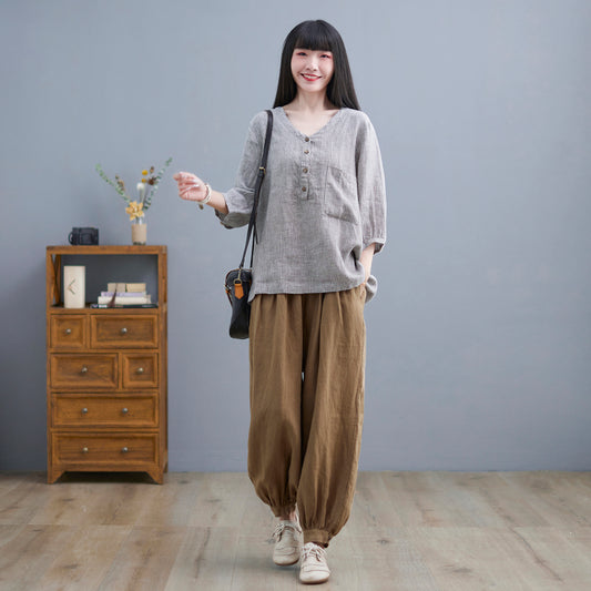 V-Neck Linen Blouse, Loose Fit Top C2265