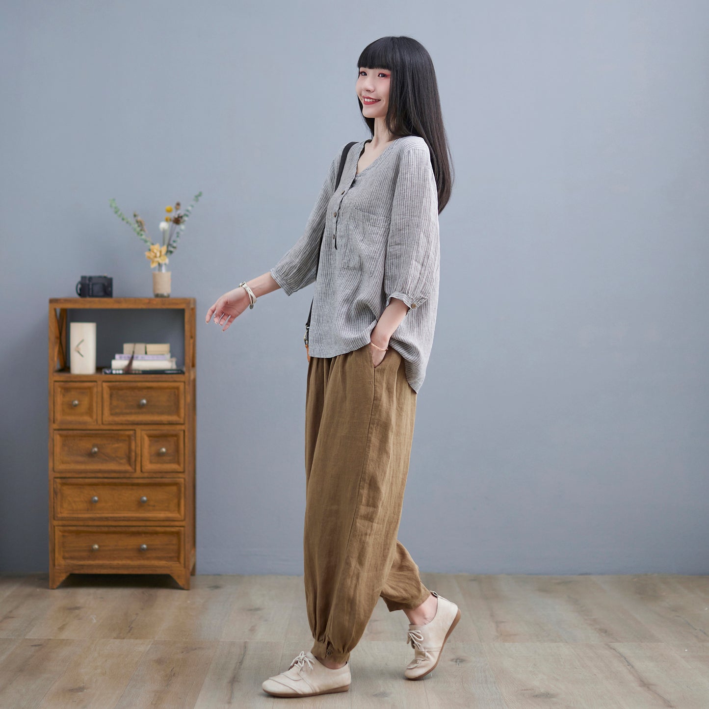 V-Neck Linen Blouse, Loose Fit Top C2265