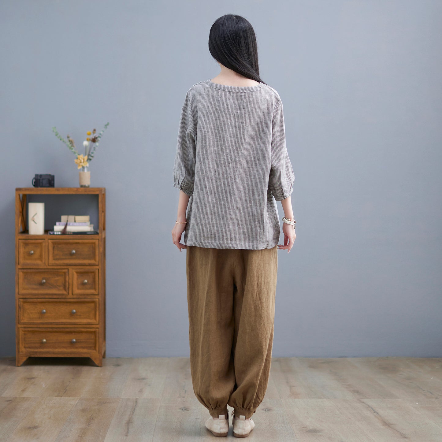 V-Neck Linen Blouse, Loose Fit Top C2265