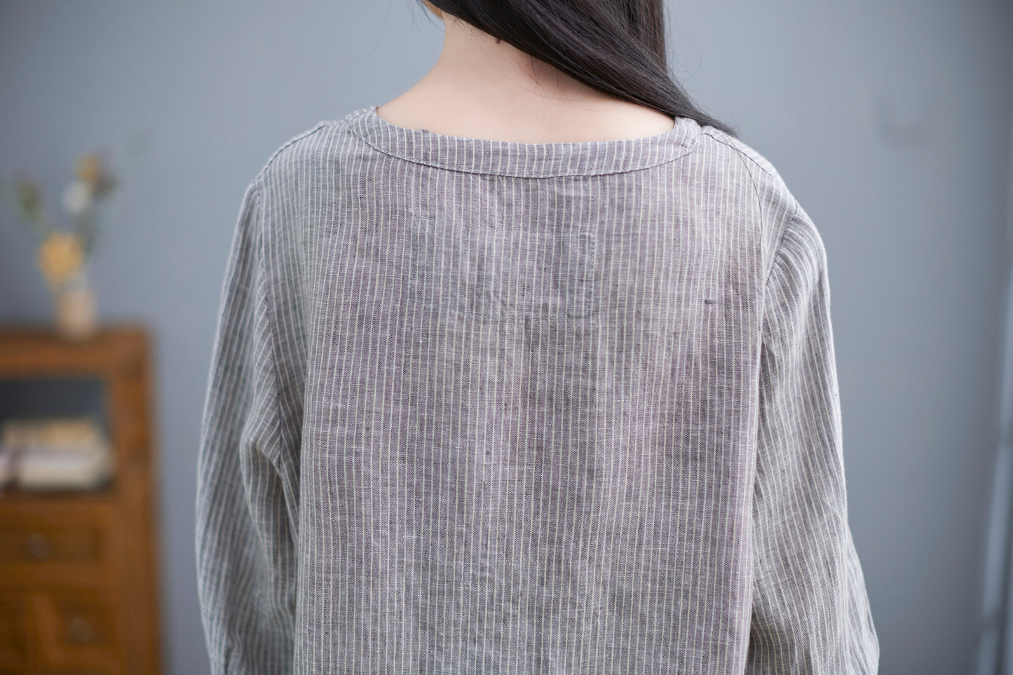 V-Neck Linen Blouse, Loose Fit Top C2265
