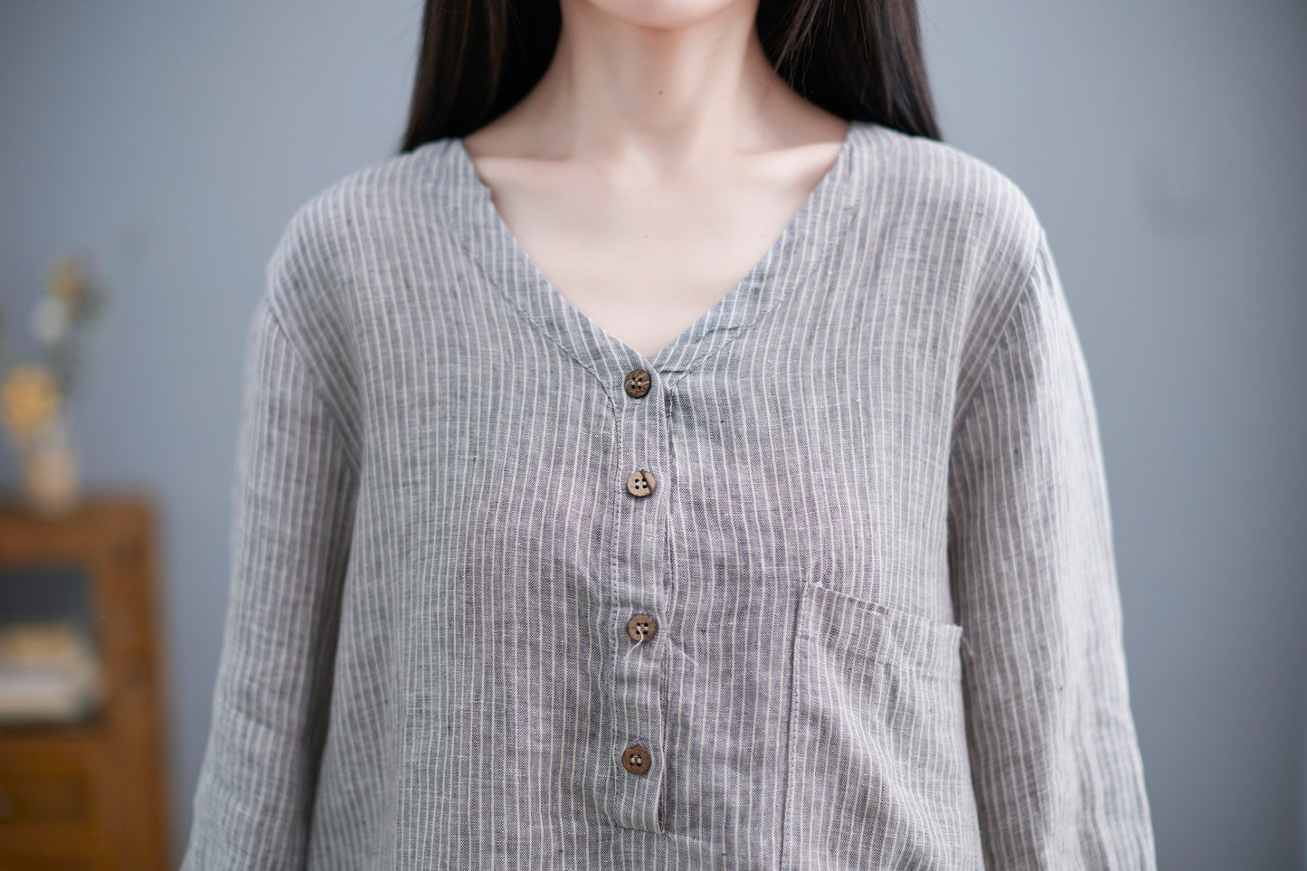 V-Neck Linen Blouse, Loose Fit Top C2265