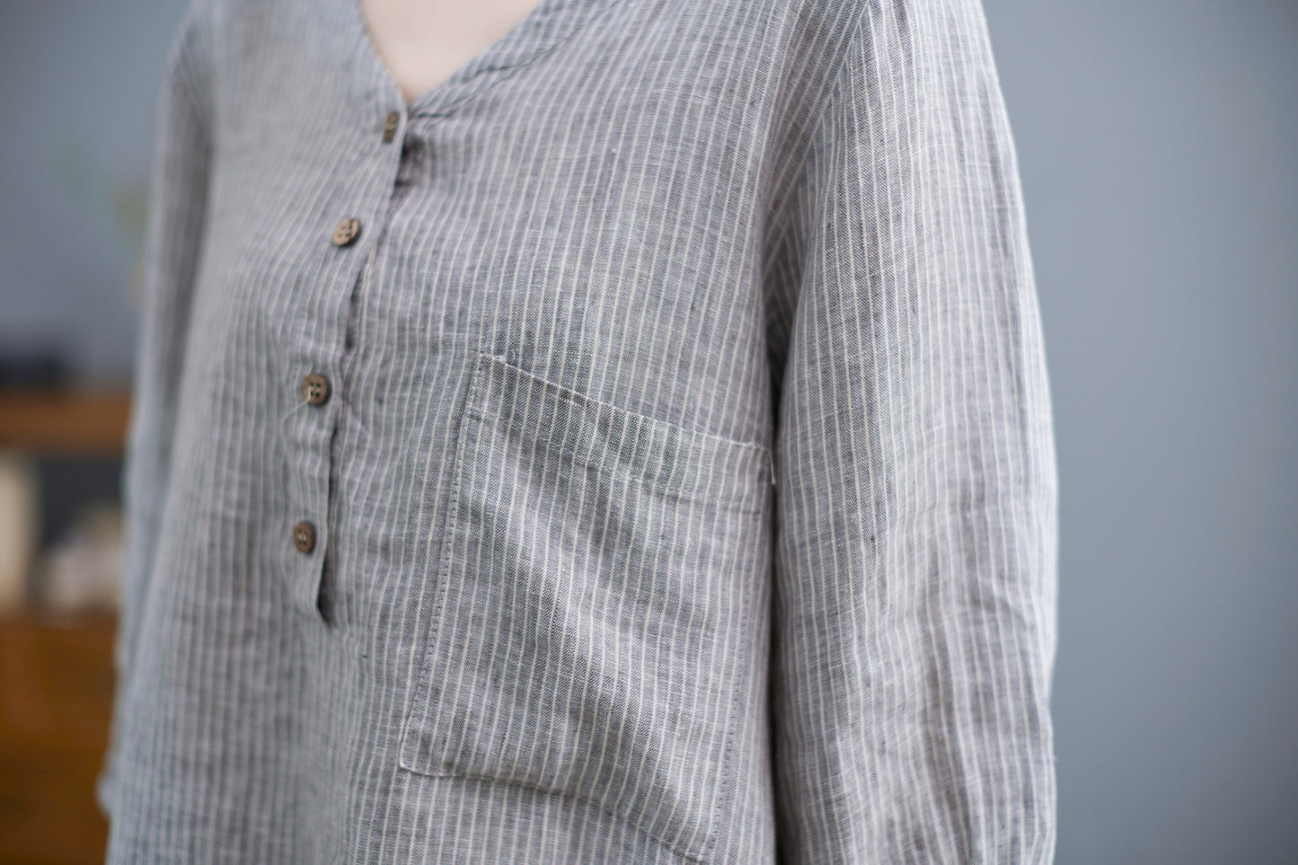 V-Neck Linen Blouse, Loose Fit Top C2265