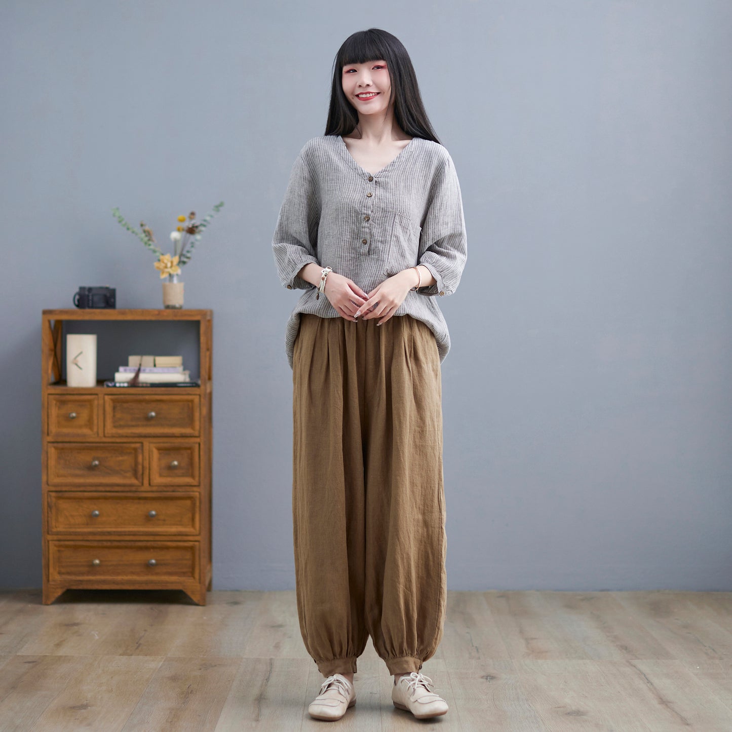 V-Neck Linen Blouse, Loose Fit Top C2265