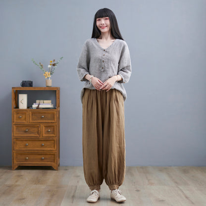 V-Neck Linen Blouse, Loose Fit Top C2265