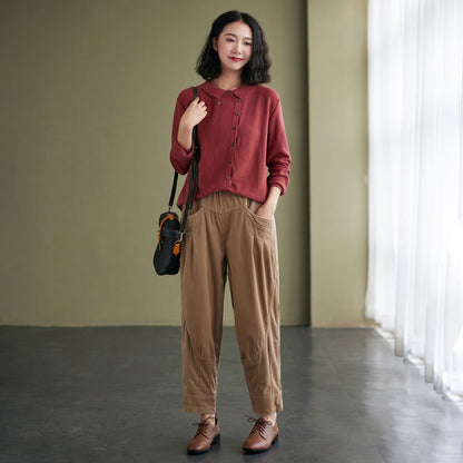 Autumn winter Loose fit Elastic High waist Khaki Corduroy Pants C2433