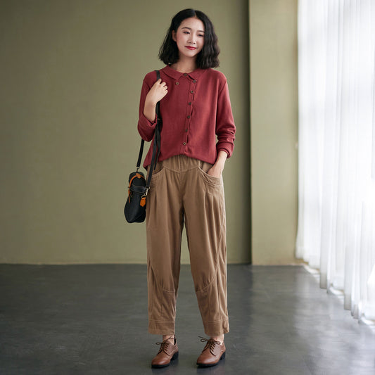 Autumn winter Loose fit Elastic High waist Khaki Corduroy Pants C2433