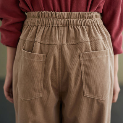 Autumn winter Loose fit Elastic High waist Khaki Corduroy Pants C2433