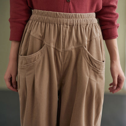 Autumn winter Loose fit Elastic High waist Khaki Corduroy Pants C2433