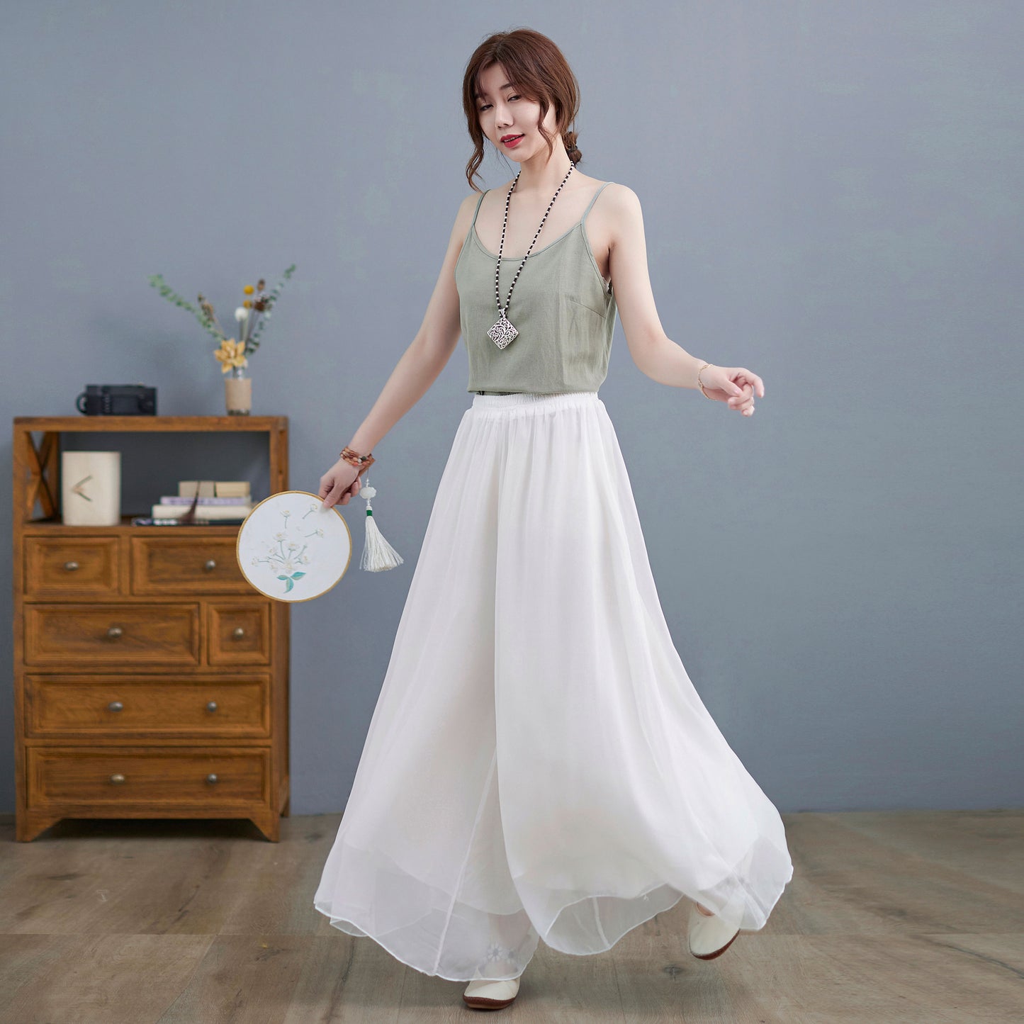 Summer White Chiffon Palazzo Pants for Women C2196