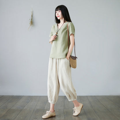 Green linen casual loose blouse C2278