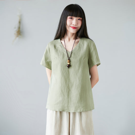 Green linen casual loose blouse C2278