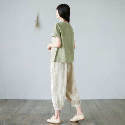 Green linen casual loose blouse C2278