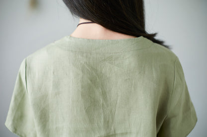 Green linen casual loose blouse C2278