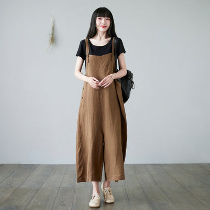 Wide leg Linen Jumpsuits Overalls in brown C2289