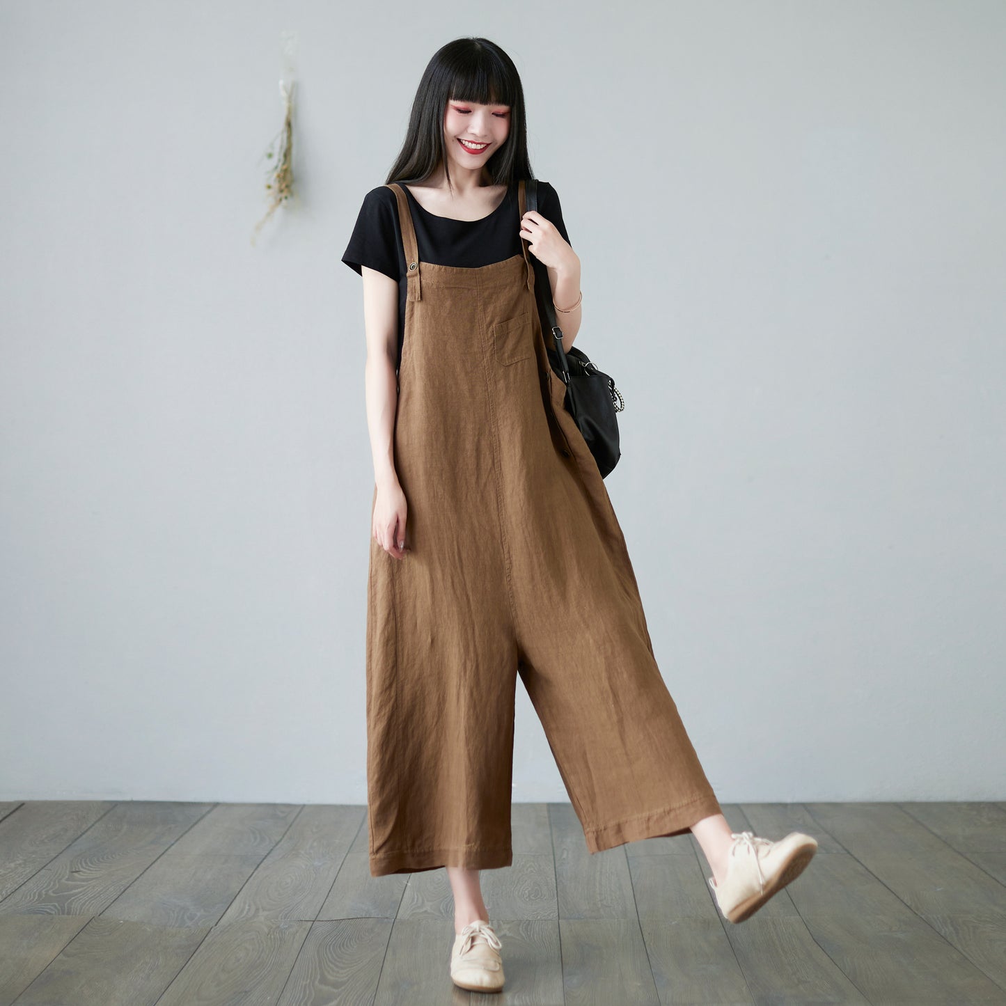 Wide leg Linen Jumpsuits Overalls in brown C2289