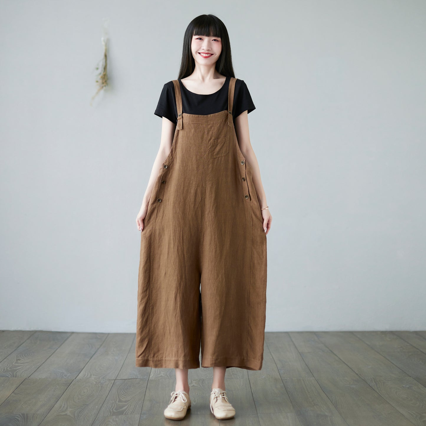 Wide leg Linen Jumpsuits Overalls in brown C2289