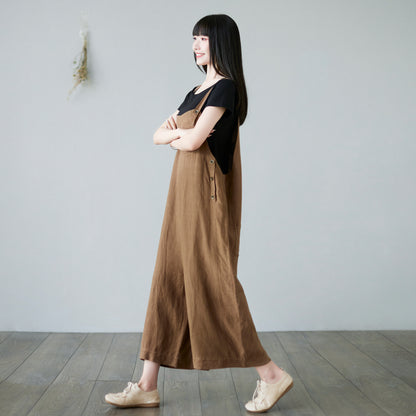 Wide leg Linen Jumpsuits Overalls in brown C2289