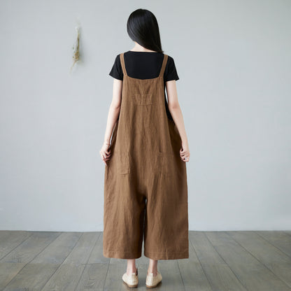 Wide leg Linen Jumpsuits Overalls in brown C2289