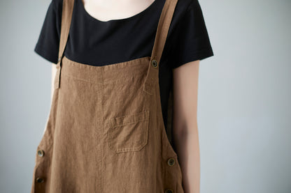 Wide leg Linen Jumpsuits Overalls in brown C2289